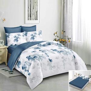 Lenjerie de pat, 2 persoane, bumbac satinat, 4 piese, cu elastic, albastru si alb, cu flori albastre, LS436