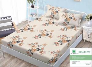 Husa de pat, finet, 160x200cm, 2 persoane, set 3 piese, cu elastic, crem , cu flori maro, HPF16020