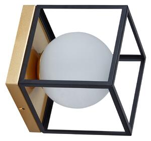 Aplică perete Klausen Fence AP1 Urban 18x18x21cm, design modern metal negru auriu, sticlă alb opal, soclu E27 15W, iluminat interior sofisticat