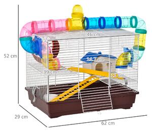 PawHut Cusca pentru Hamsteri pe Trei Nivele cu Tuburi, Casuta, Roata si Accesorii, din Metal si Plastic 62x29x52cm