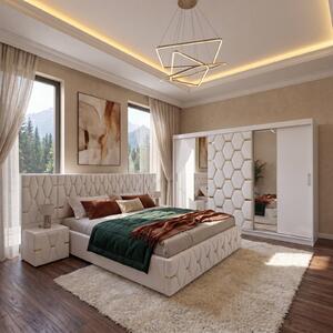 Set Mobila De Dormitor Berlin Alb, pat tapitat Alb 180x200cm, dulap tapitat 250cm, 2 noptiere si saltea 180x200cm
