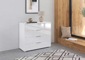 Comodă cu 4 sertare, închidere soft close, fronturi din sticlă, culoare albă, 93 cm lungime