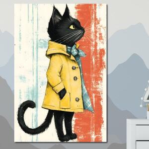 Tablou Canvas Premium, LuxCanva® K1028, Pisica Fashion, Plimbare, Toamna, Eleganta, Felina, Ploaie, Haina, Pelerina, Galben, Pisici, Stilizare, Gradinita, Loc de Joaca, Camera Copii