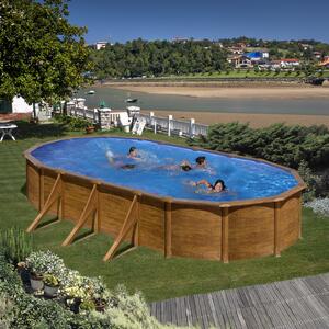 Set piscina prefabricata Gre ovala cu pereti metalici imitatie de lemn 730 x 375 h 120cm