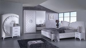 Dormitor Antalia, alb & argintiu, pat 267x210 cm, dulap cu 2 usi culisante, 2 noptiere, comoda, somiera cadou