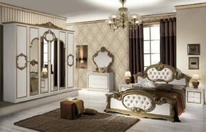 Dormitor Barocco Bianco, alb & auriu, pat 160x200 cm, dulap cu 6 usi, comoda, 2 noptiere, somiera cadou