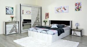Dormitor Havana print (Paris), pat 160x200, Dulap usi culisante, comoda, 2 noptiere