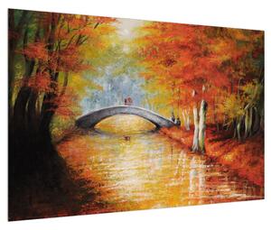 Tablou de toamnă cu pod peste râu (90x60 cm)