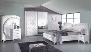 Dormitor Antalia, alb/argintiu, pat 267x210 cm, dulap cu 2 usi culisante, 2 noptiere, comoda