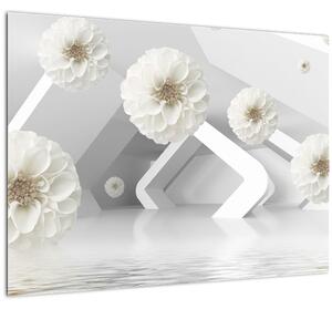 Tablou pe sticlă abstract cu flori albe (70x50 cm)