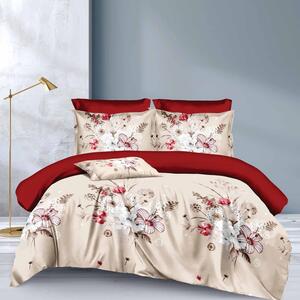 Lenjerie de pat dublu cu flori rosii din finet, set 6 piese, M355