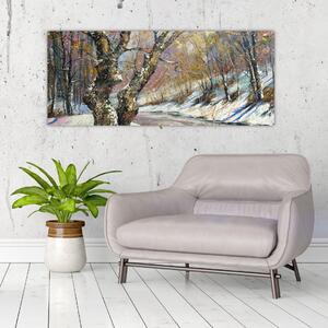 Tablou cu peisaj de iarnă pictat (120x50 cm)