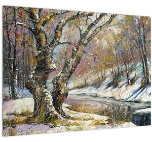 Tablou cu peisaj de iarnă pictat (70x50 cm)