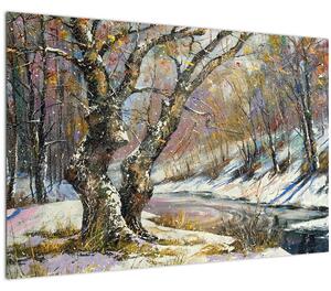 Tablou cu peisaj de iarnă pictat (90x60 cm)