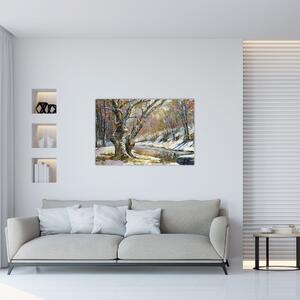 Tablou cu peisaj de iarnă pictat (90x60 cm)