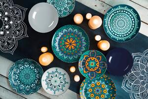 Set vesela din portelan si ceramica, 18 piese, Mandala Mediterraneo Dinner Turcoaz / Albastru