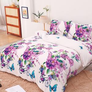 Lenjerie de pat, Cocolino, 2 persoane, 4 piese, cu elastic, alb , cu flori violet, CC499