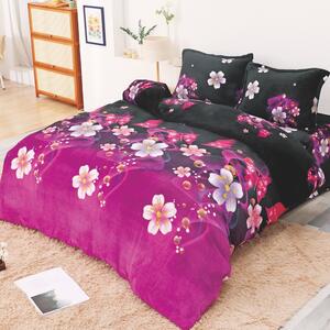Lenjerie de pat, Cocolino, 2 persoane, 4 piese, cu elastic, mov si negru , cu flori albe, CC498
