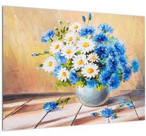 Tablou pe sticlă pictat cu vaza și flori (70x50 cm)