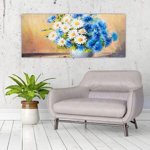 Tablou pictat cu vaza și flori (120x50 cm)