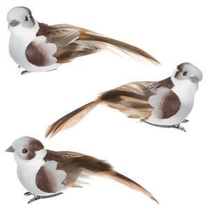 Decoațiune Pasăre cu clips alb-maroniu, 3 buc., 10 x 4 x 4 cm