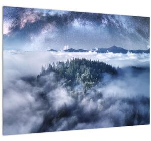 Tablou pe sticlă pădurii în ceață (70x50 cm)