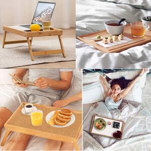 Tava Pufo mic dejun din bambus pentru servire la pat cu picioare pliabile, 50 x 30 cm