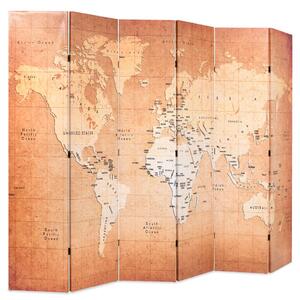 Paravan de cameră pliabil, galben, 228 x 170 cm, harta lumii