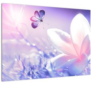 Tablou pe sticlă - Fluture lângă floare (70x50 cm)