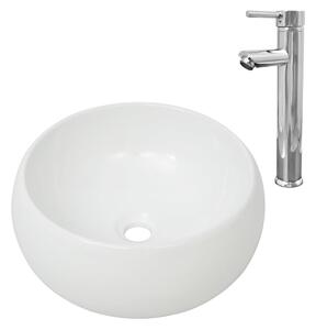 Chiuvetă de baie cu robinet mixer, ceramică, rotund, alb