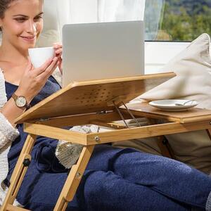 Masă pentru laptop din bambus cu guri de aerisire și sertar 55 x 28 x 35 cm