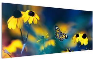 Tablou - Fluture galben și flori (120x50 cm)