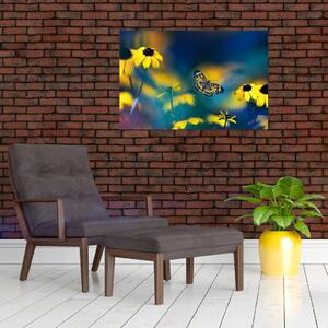 Tablou - Fluture galben și flori (90x60 cm)