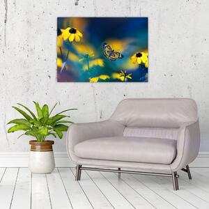 Tablou - Fluture galben și flori (70x50 cm)