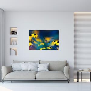 Tablou - Fluture galben și flori (90x60 cm)