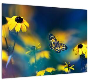 Tablou pe sticlă - Fluture galben și flori (70x50 cm)