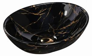 Lavoar oval pe blat, negru cu model de marmură, ceramică, 41 × 34,5 cm