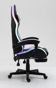 Scaun gaming, sistem iluminare bandă LED RGB, masaj în perna lombară, suport picioare, Negru/Alb