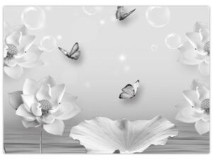 Tablou pe sticlă - Design flori și fluturi (70x50 cm)