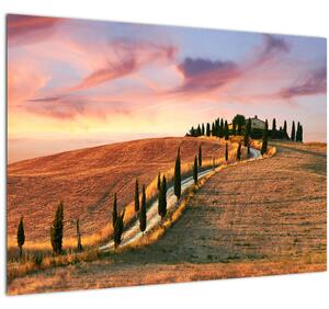 Tablou pe sticlă - Casa pe deal Toscana, Italia (70x50 cm)