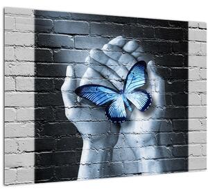 Tablou pe sticlă - Fluture pe perete (70x50 cm)