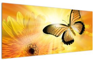 Tablou - Fluture galben cu flori (120x50 cm)