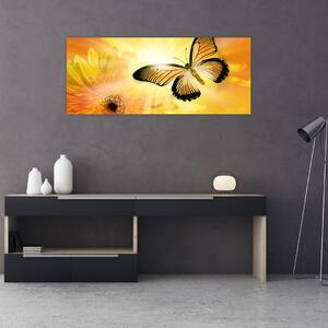 Tablou - Fluture galben cu flori (120x50 cm)