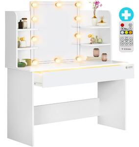 Masă de toaletă Lucia cu iluminare LED, oglindă, sertar și rafturi 140 x 110 x 40 cm