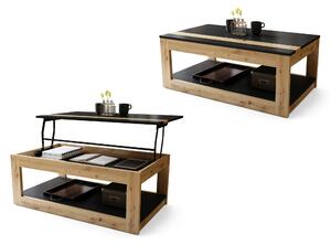 Mazzoni LUSSO Negru Mat/Stejar Artisan - MĂSUȚĂ MODERNĂ CU BLAT RIDICAT + COMPARTIMENT + RAFT (PE ROȚI!)