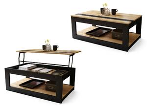 Mazzoni LUSSO Stejar Artisan/Negru Mat - MĂSUȚĂ MODERNĂ CU BLAT RIDICAT + COMPARTIMENT + RAFT (PE ROȚI!)