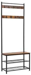 Cuier cu bancuta si suport pantofi Model Wu, Maro Rustic/Negru, 70x32.5x175 cm