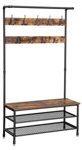 Cuier cu bancuta si suport pantofi Model Davila, Maro Rustic/Negru, 97x41.5x182 cm
