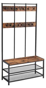 Cuier cu bancuta si suport pantofi Model Carr, Maro Rustic/Negru, 100x40x184 cm