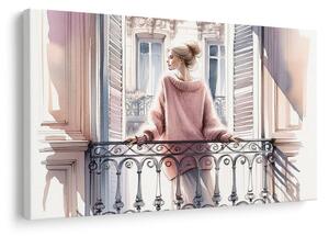 Tablou fată în pulover roz pe balcon